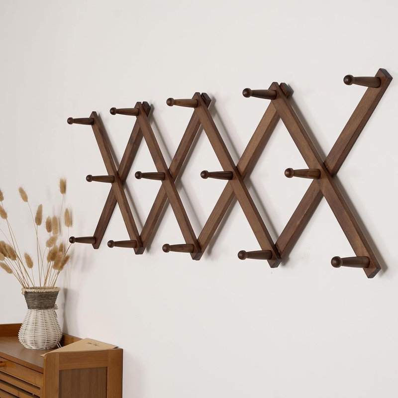 Solid Wood Wall 14 Hook Wall Mounted Coat Rack Brown